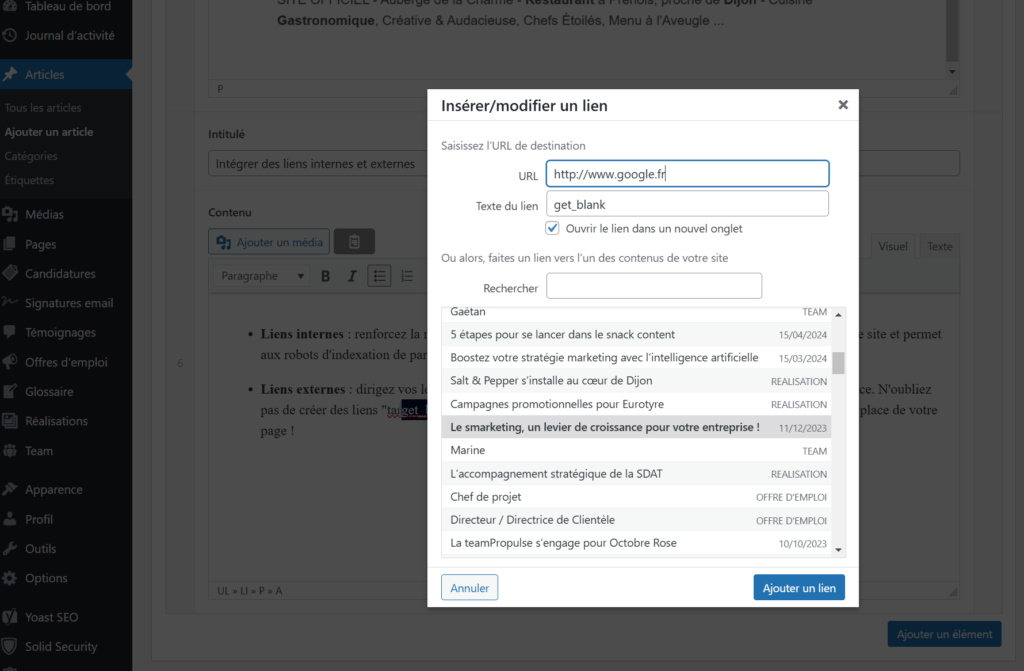 Intégration de liens externes article WordPress